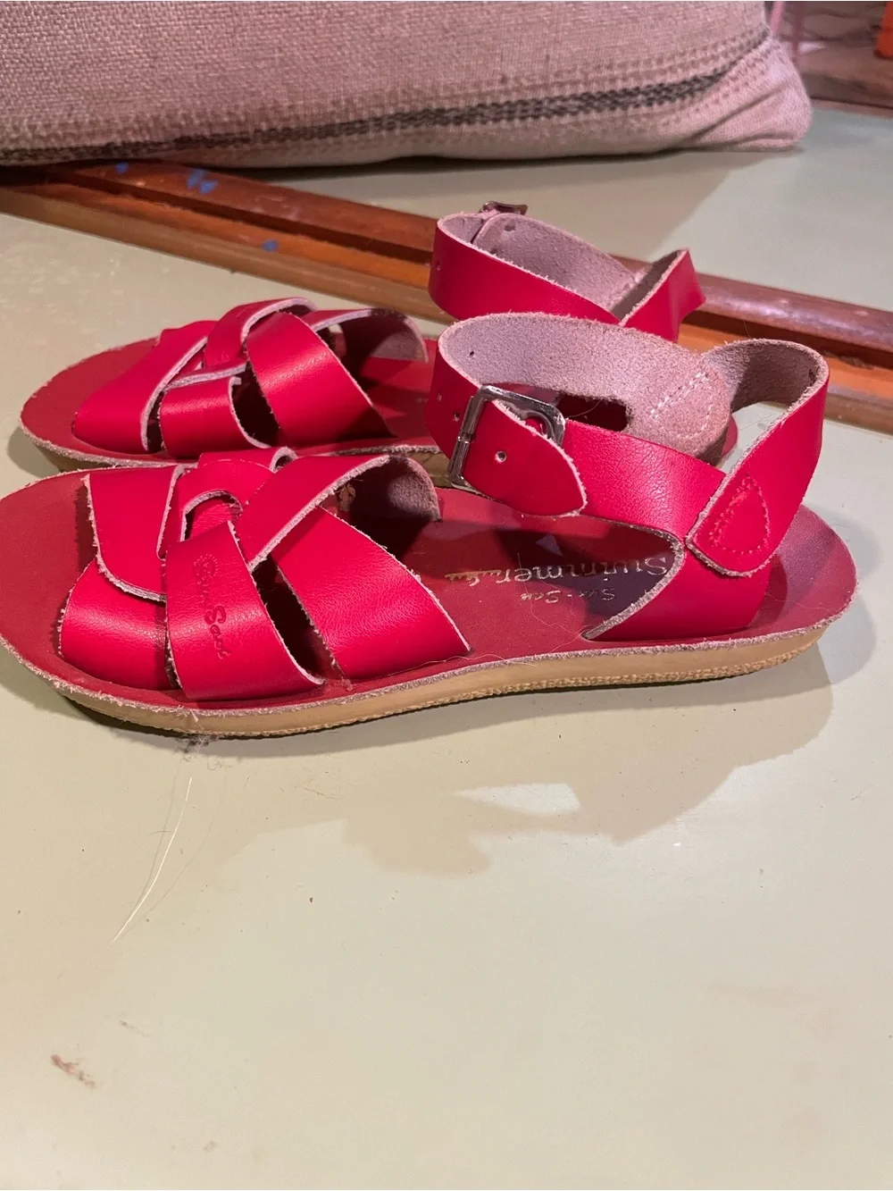 Sun - San Girls' Bright Red Leather Knot-Strap Sandals with Ankle Buckle